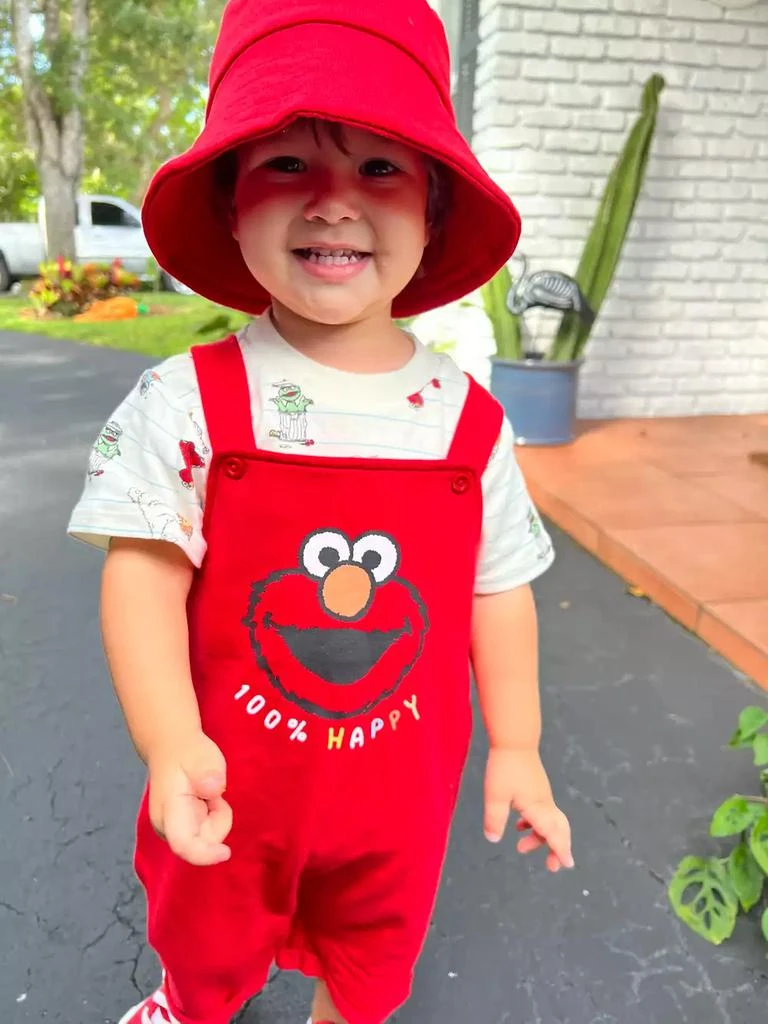 Sesame Street Baby Boys Elmo French Terry Short Overalls T-Shirt and Hat 3 Piece Outfit Set Newborn to 2