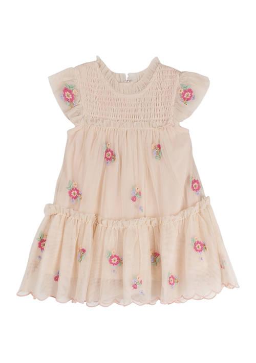 Rare Editions Editions Girls 4 6X Allover Embroidered Mesh Dress With Smocking And Tiers