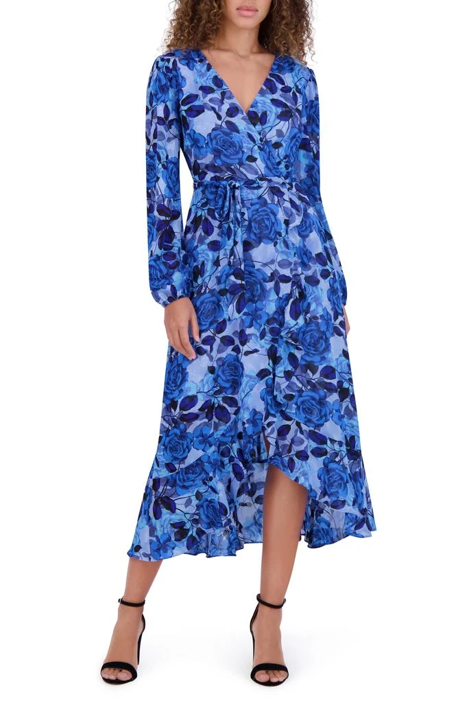knee length dresses for ladies Kensie Women's Midi Wrap Dress Blue Multi Ruffle High-low Asymmetric Hem  Ups560 main image 0