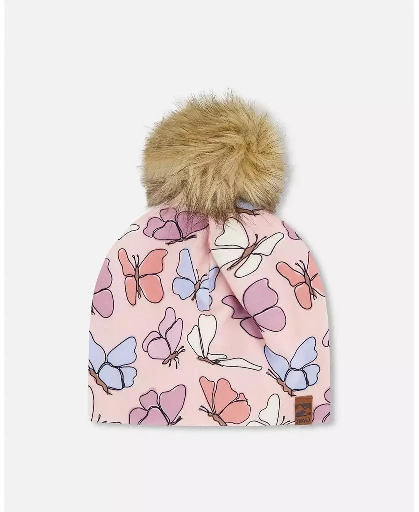 Deux par Deux Girl Stretch Jersey Hat Pink Printed Butterflies with Pompom