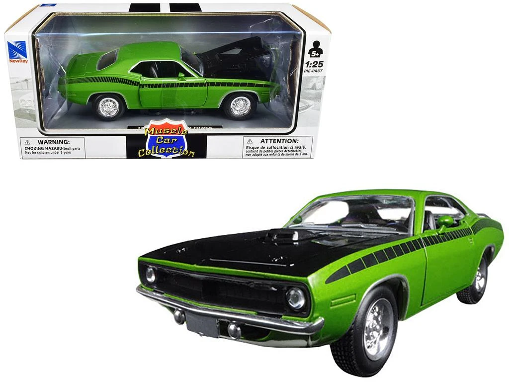 New Ray 1970 Plymouth Barracuda Green with Black Hood and Stripes "Muscle Car Collection" 1/25 Diecast Model Car by 1