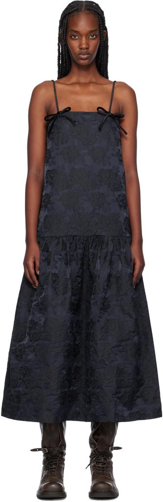 Ganni Navy Botanical Jacquard Strap Midi Dress DK-36-M