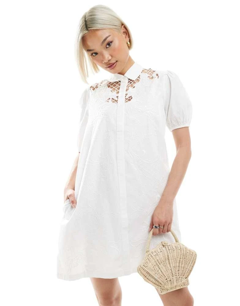 french connection white embroidered dress French Connection Cambria cotton embroidered mini shirt dress in White