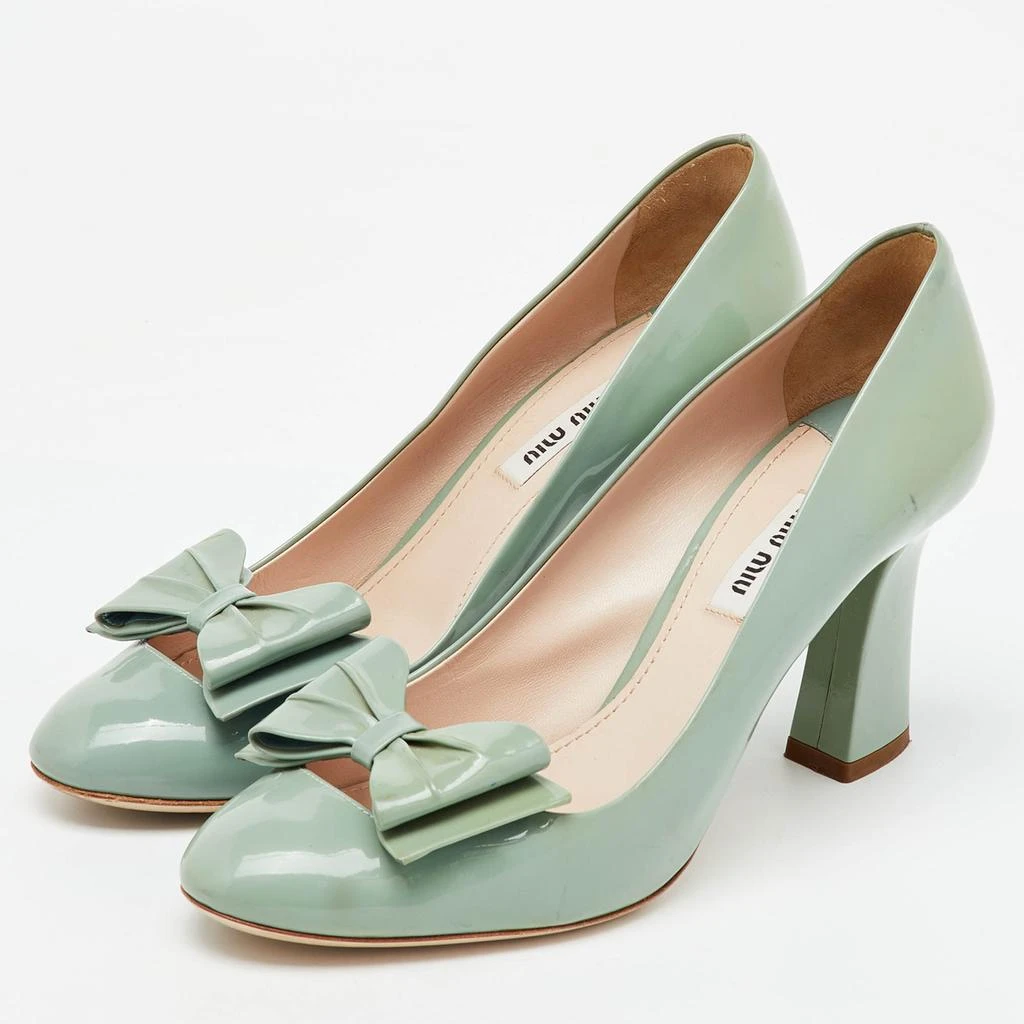 Miu Miu Miu Miu Light Mint Green Patent Leather Bow Block Heel Pumps Size 38 2