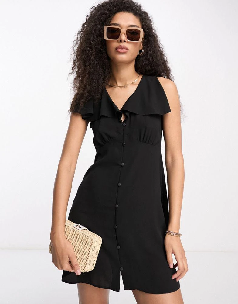 ASOS DESIGN ASOS DESIGN flutter sleeve mini tea dress with buttons in black 3