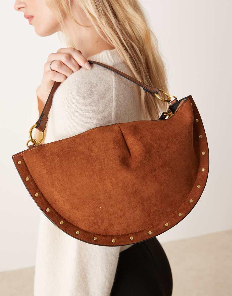 ASOS ASOS DESIGN faux suede scoop studded shoulder bag in tan