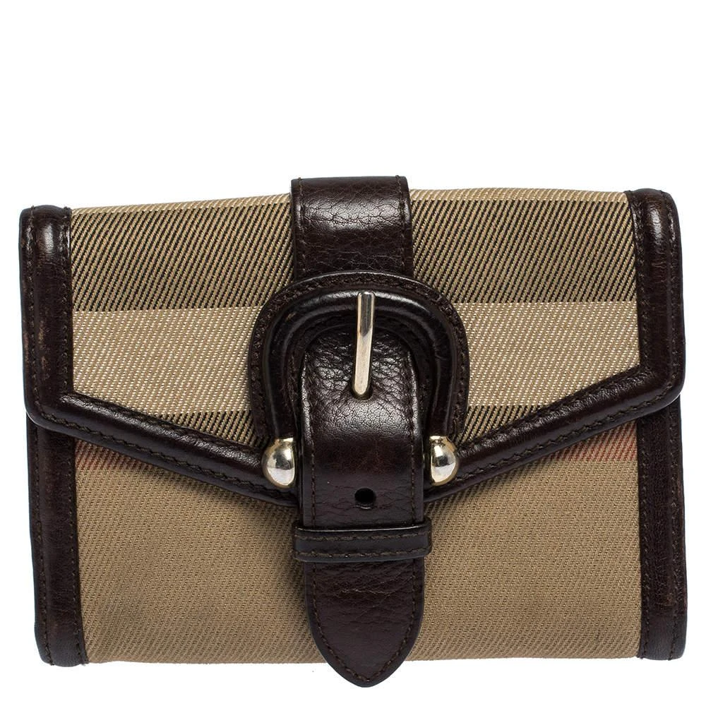 Burberry Burberry Brown/Beige Nova Check Canvas and Leather Buckle Compact Wallet 1