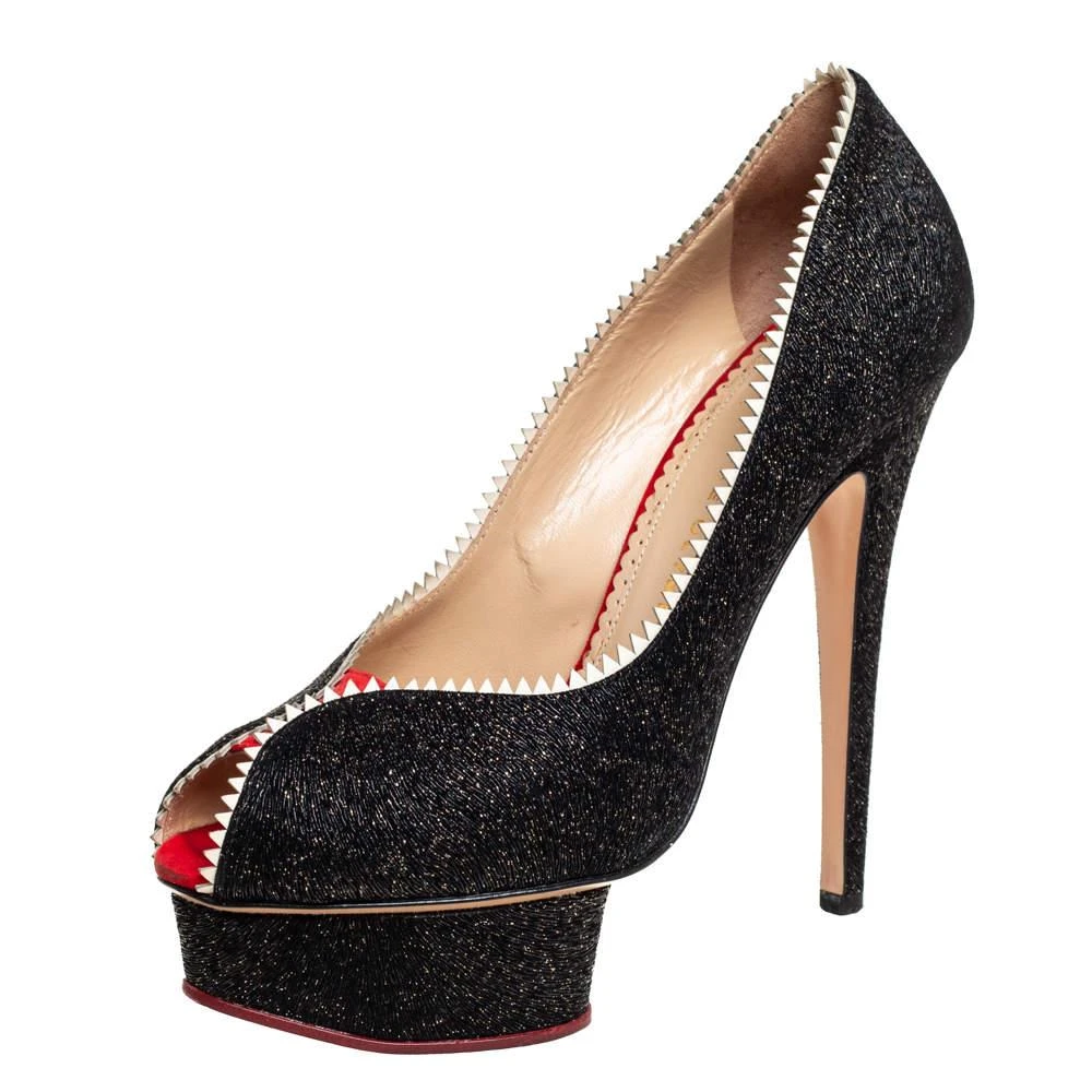 Charlotte Olympia Charlotte Olympia Black Glitter And Patent Leather Scalloped Trim Peep Toe Platform Pumps Size 37.5 1
