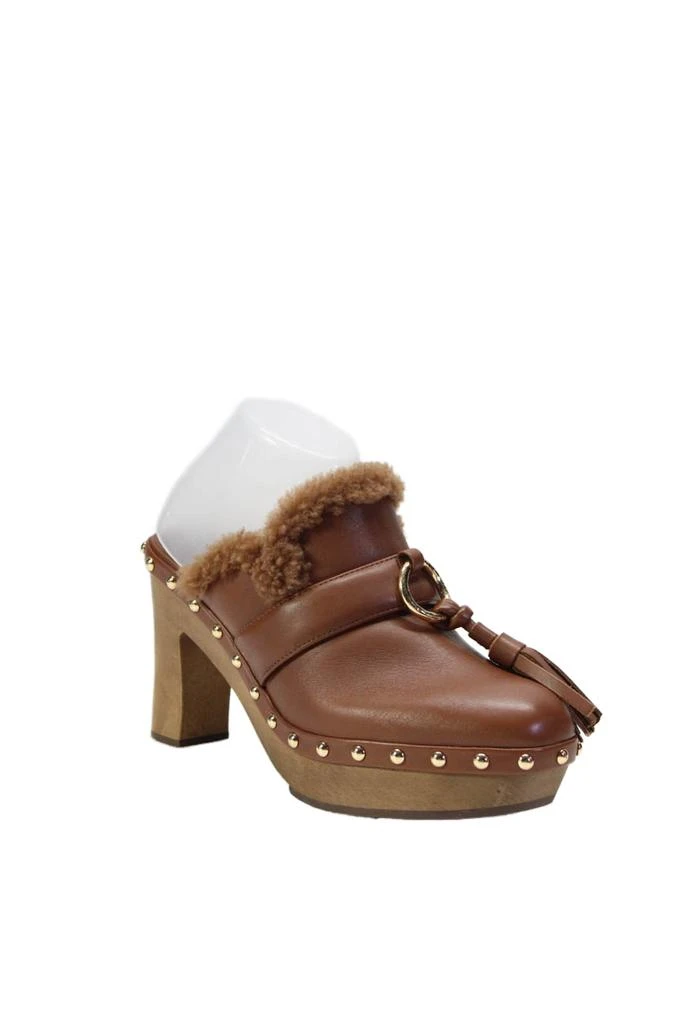 Ulla Johnson Womens Block Heel Shearling Lined Studded Mules Brown 1