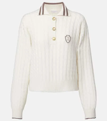 Brunello Cucinelli Logo cable-knit cashmere polo sweater 1