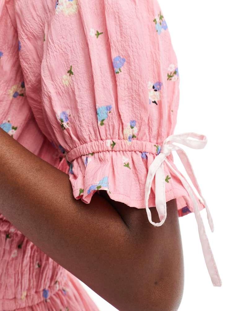 Daisy Street Daisy Street vintage style tie detail smock playsuit in pink ditsy