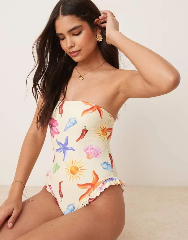 ASOS ASOS DESIGN May frill edge bandeau swimsuit in shell print 4