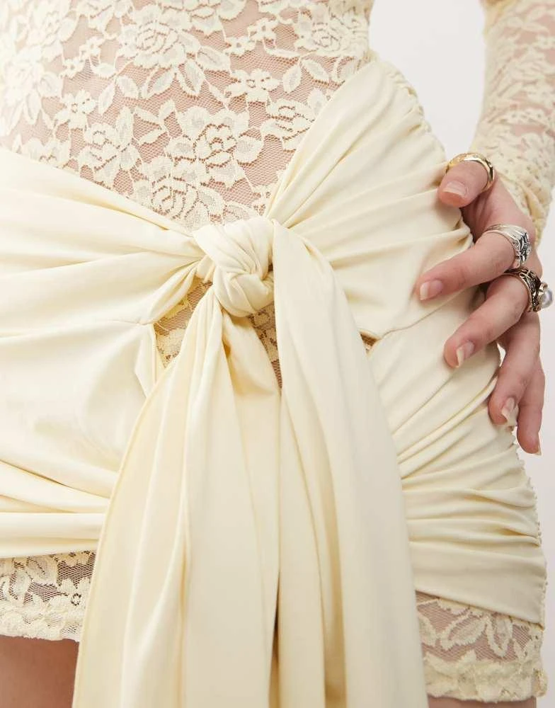 Lioness Midnight long sleeve drape tie skirt detail lace mini dress in  butter yellow  On Sale Now with Up to 56% Off | Discover Exclusive Deals &  Savings at BeyondStyle