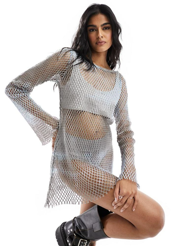 Weekday Weekday fishnet mini dress in grey blue tie dye 4
