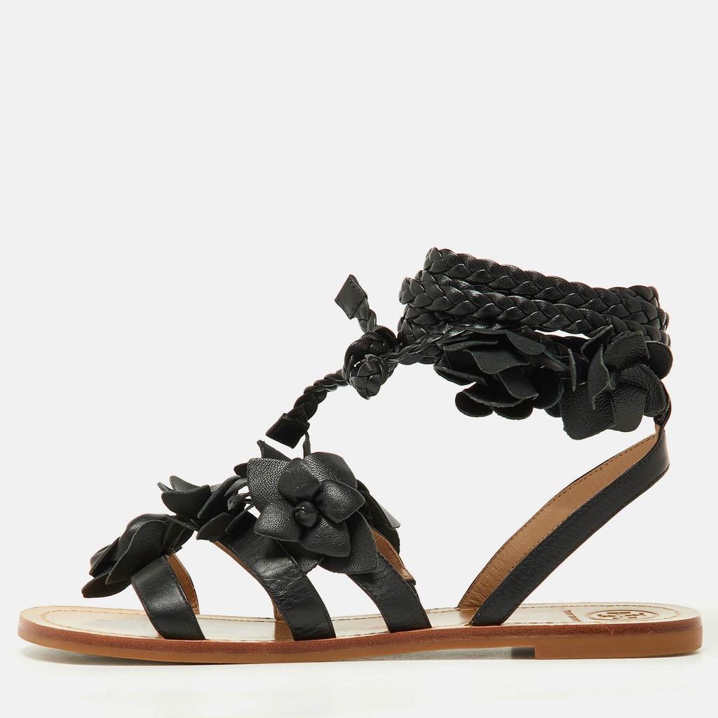 Tory Burch Tory Burch Black Leather Blossom Floral Embellished Flat Gladiator Sandals Size 37