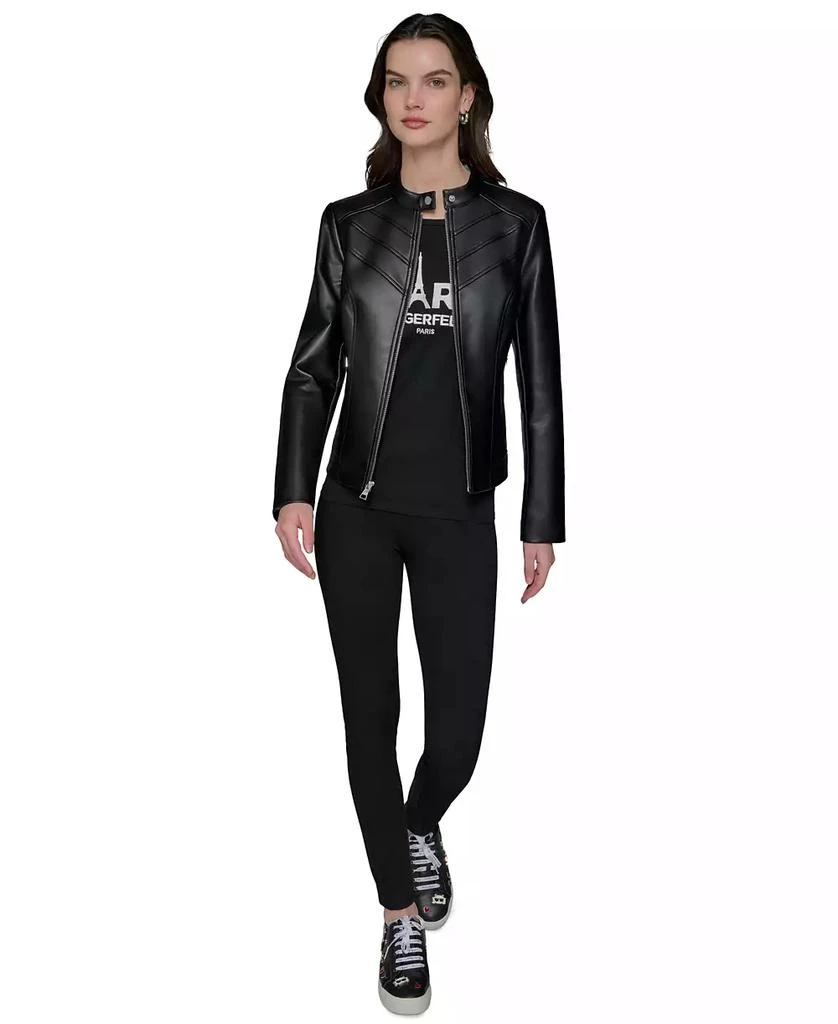 Karl Lagerfeld Paris Women's Fitted Mock-Neck Faux-Leather Jacket 4