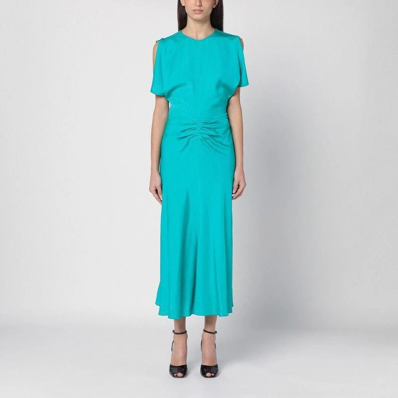 Victoria Beckham PEACOCK-COLOURED MIDI DRESS WITH RUFFLE 1
