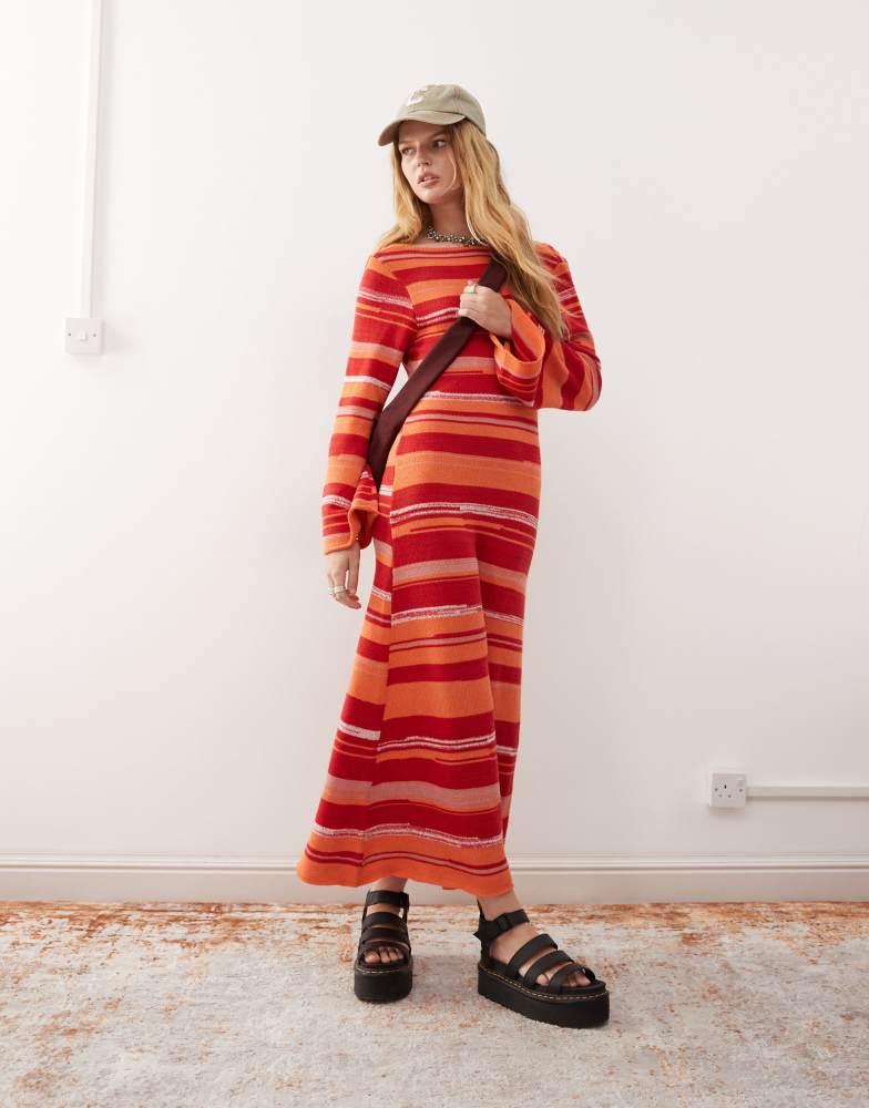 Reclaimed Vintage Reclaimed Vintage knitted flared sleeve maxi dress with tie cowl back in pink and orange stripe