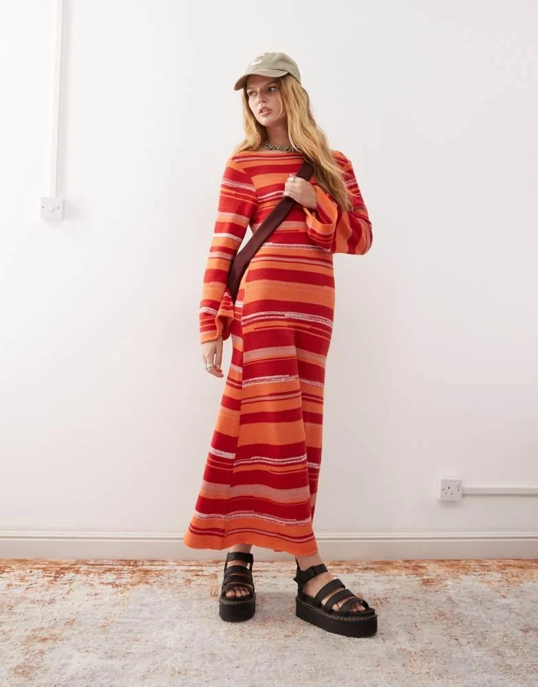 Reclaimed Vintage Reclaimed Vintage knitted flared sleeve maxi dress with tie cowl back in pink and orange stripe 1