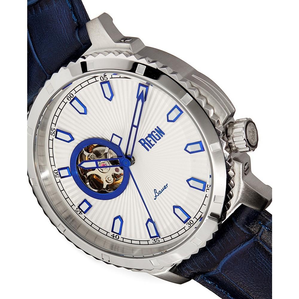 Reign Bauer Automatic Semi Skeleton Black or Blue or Brown Genuine Leather Band Watch, 44mm