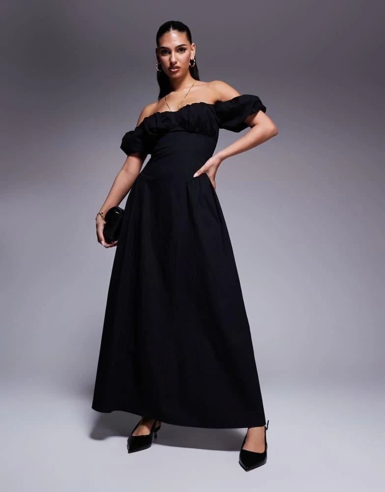 Kaiia exclusive cotton milkmaid puff sleeve hip pleat detail maxi dress in  black  On Sale Now with Up to 25% Off | Discover Exclusive Deals & Savings  at BeyondStyle  Authentic