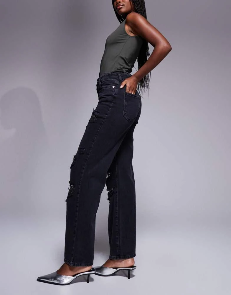 River Island River Island embellished super distressed straight leg jean in black 2