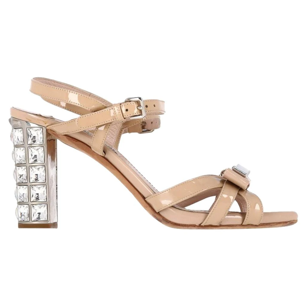 Miu Miu Bow Detail Ankle Strap Crystal Heel Sandals in Nude Patent Leather 1