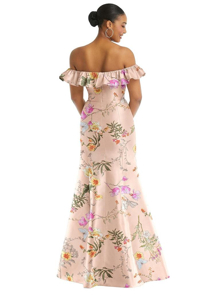 Alfred Sung Off-the-Shoulder Ruffle Neck Floral Satin Trumpet Gown