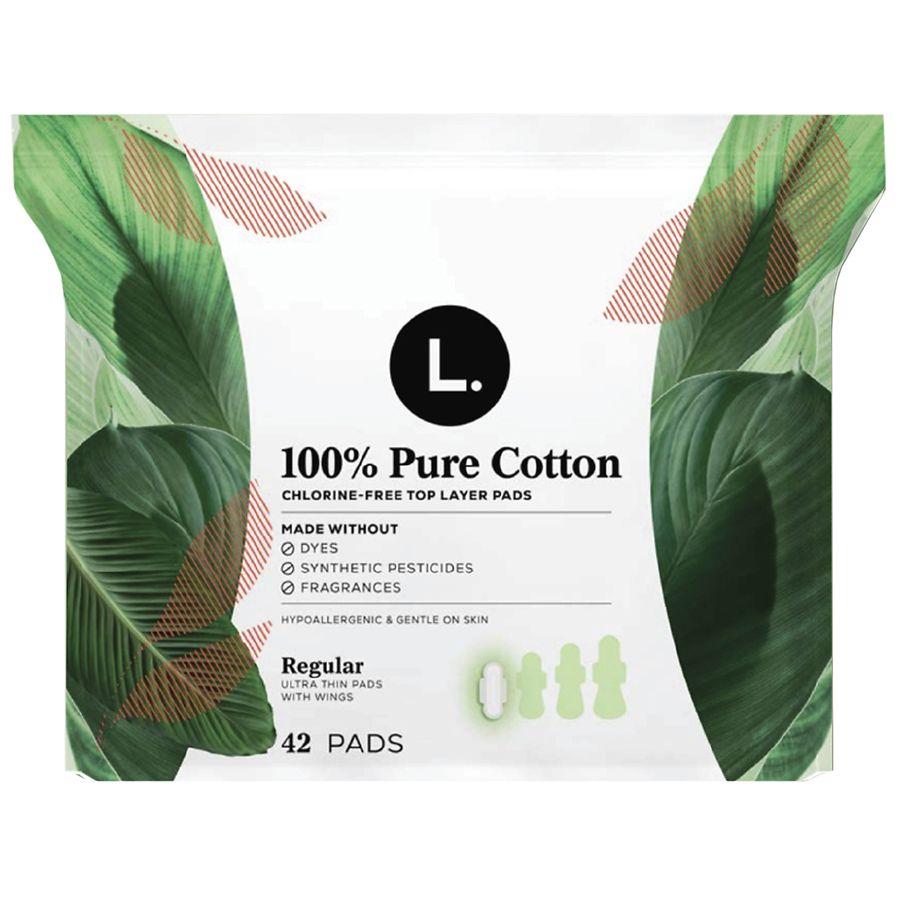 L. Ultra Thin Pads for Women, 100% Pure Cotton Top Layer Pads with Wings Unscented, Regular