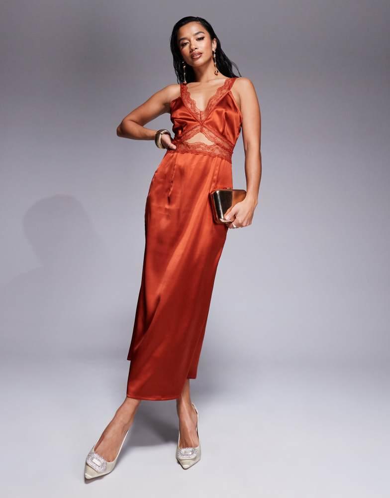 Never Fully Dressed Never Fully Dressed Petite Mimi lace cut-out slip midaxi dress in rust