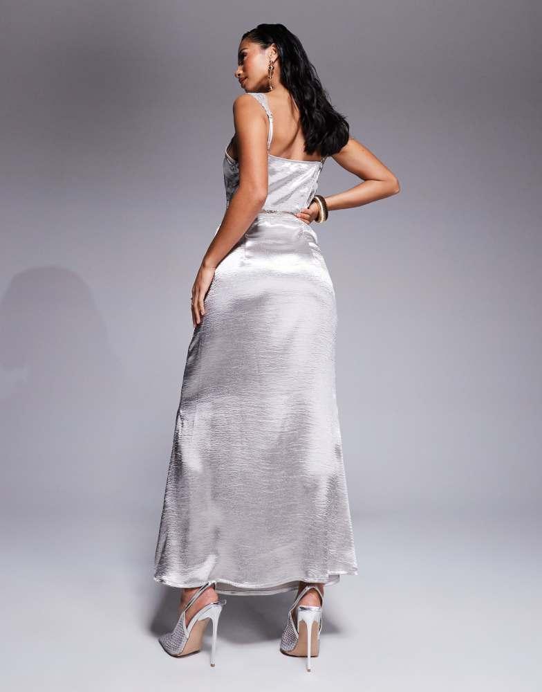 Never Fully Dressed Never Fully Dressed Petite Mimi lace cut-out slip maxi dress in silver