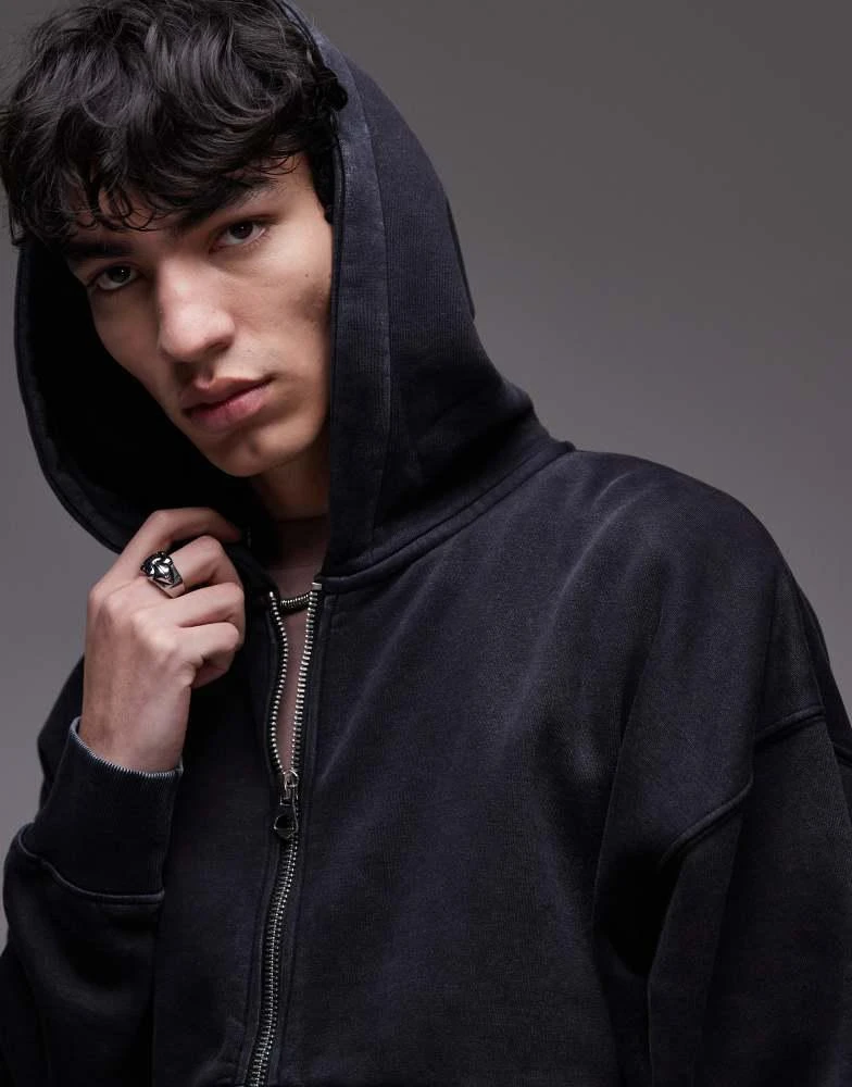 Topman Topman premium heavyweight oversized fit acid wash zip through hoodie in washed black 2