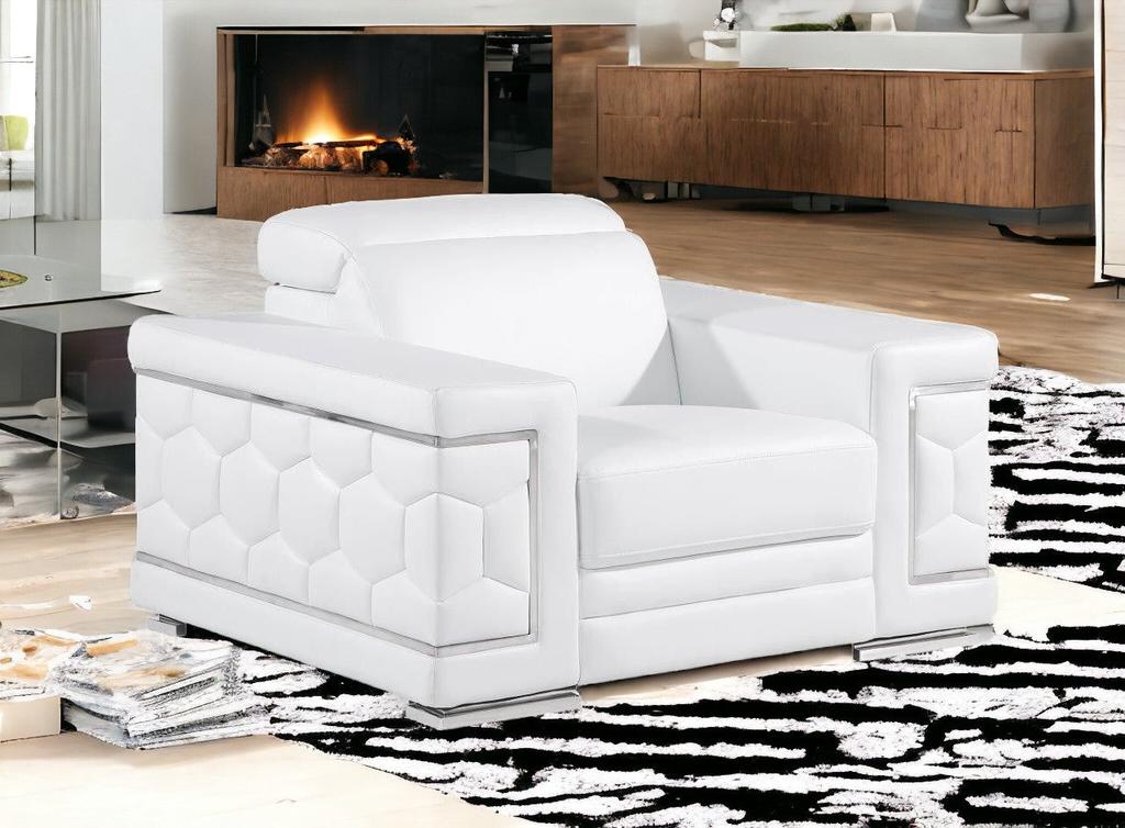 Homezia 47" White and Silver Genuine Leather Lounge Chair