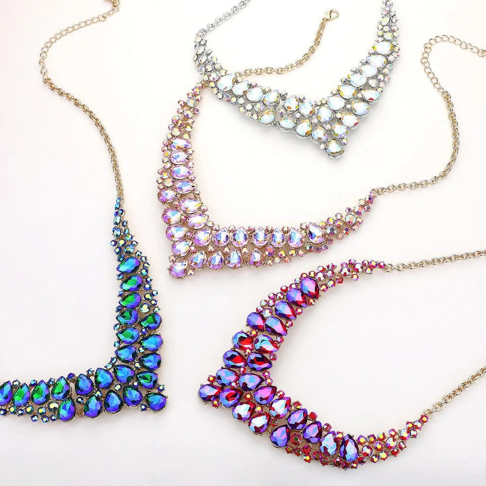 FASHNZFAB Teardrop Stone Cluster Collar Evening Necklace 2