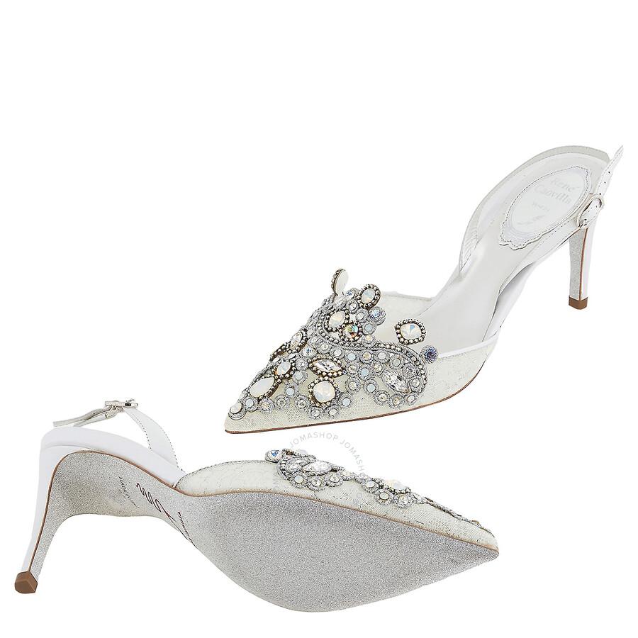 Rene Caovilla White Veneziana Lace Pointed-Toe Slingback Pumps