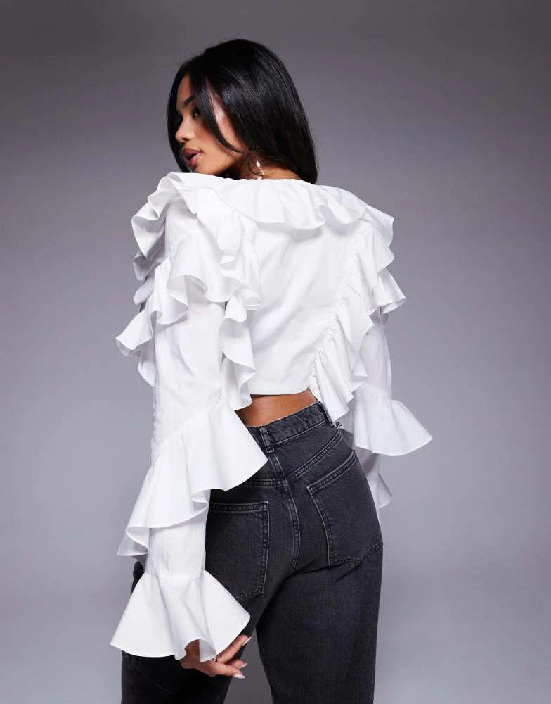 ASOS LUXE ASOS LUXE cotton poplin exaggerated ruffle blouse in white 4