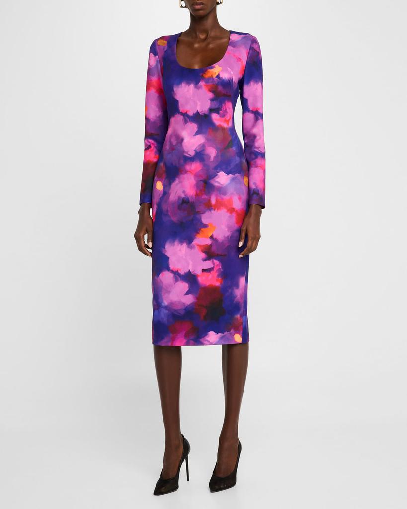 Black Halo Naylah Watercolor-Print Midi Sheath Dress