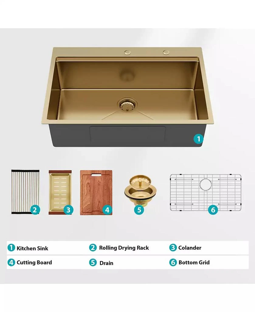 Flynama huluwat 36x22x10inch Drop in Gold Kitchen Sink Workstation Stainless Steel Single Bowl 16 Gauge 11