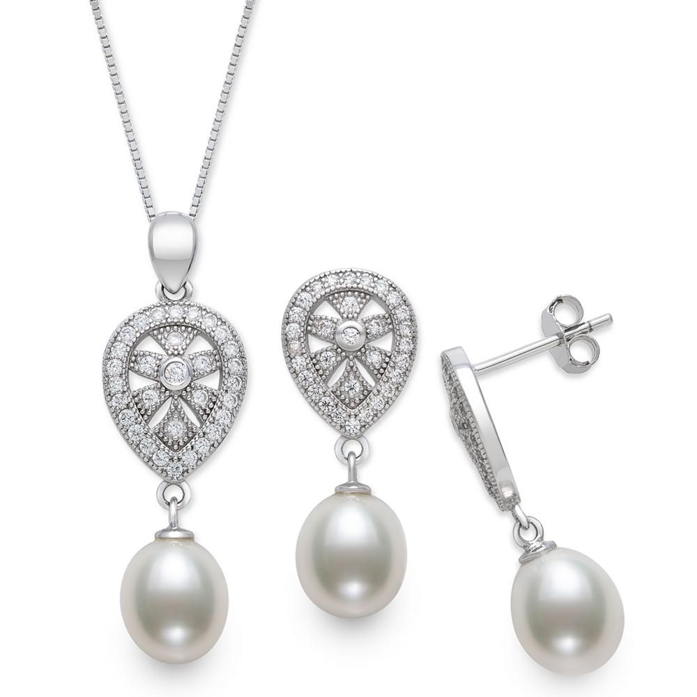 Belle de Mer 2-Pc. Set Cultured Freshwater Pearl (8mm) & Cubic Zirconia Teardrop Pendant Necklace & Matching Drop Earrings in Sterling Silver