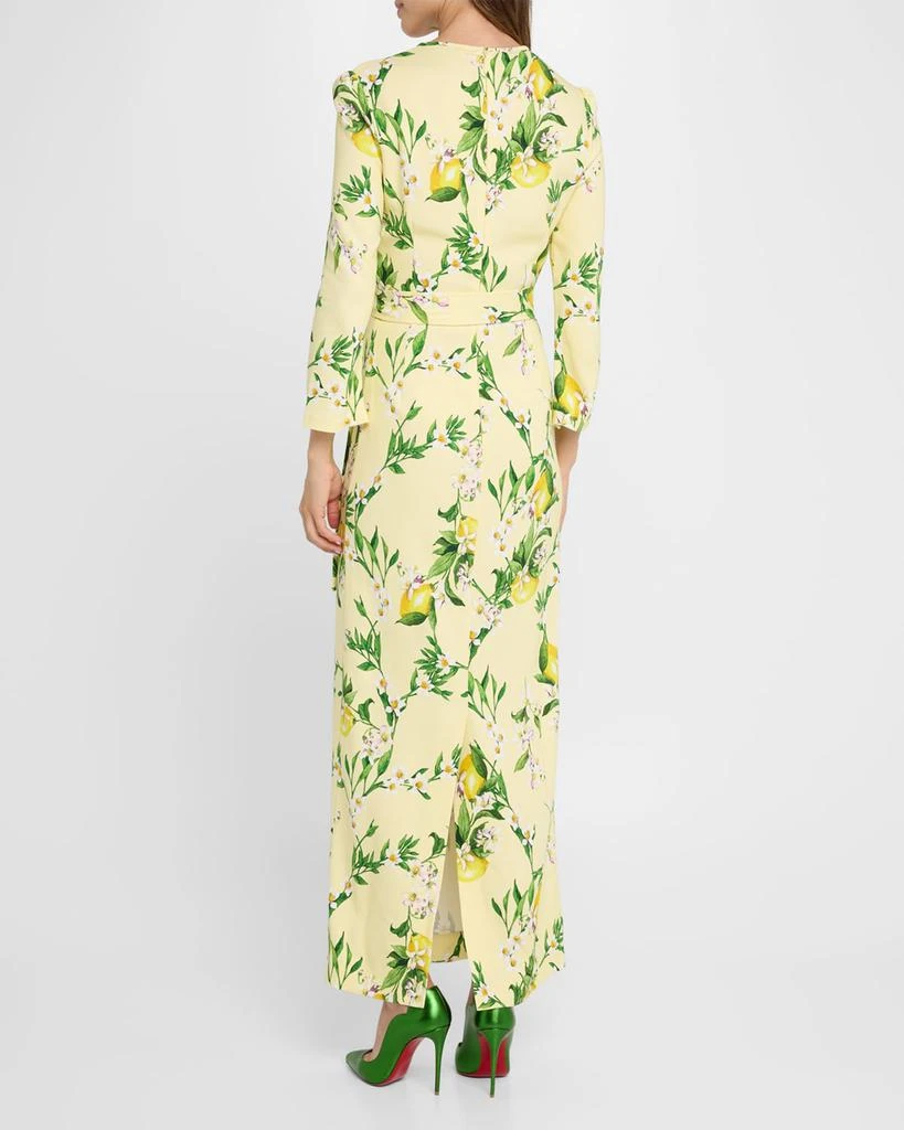Monique Lhuillier Lemon-Print Bracelet-Sleeve Sheath Maxi Dress 3