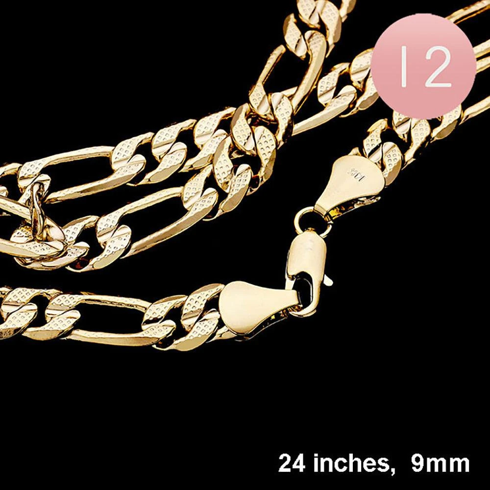FASHNZFAB 12PCS - 24 INCH, 9mm Gold Plated Concave Textured Figaro Chain Necklaces