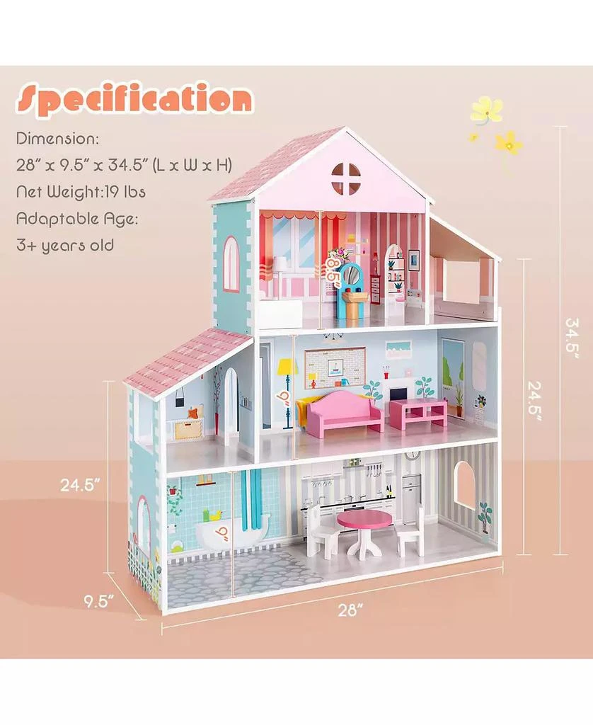 Mecale 3-Tier Toddler Doll House with Furniture Gift for Age over 3 3