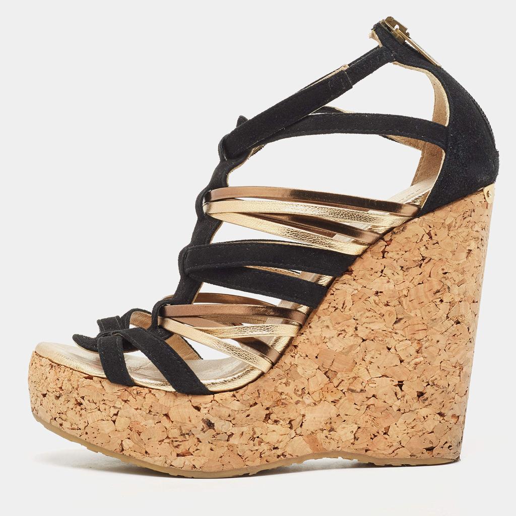 Jimmy Choo Jimmy Choo Black/Gold Suede and Leather Wedge Sandals Size 37