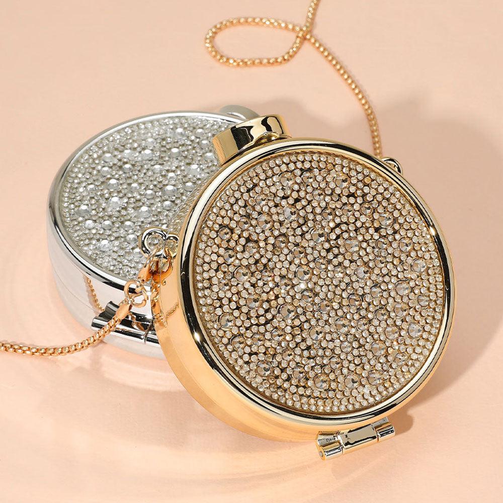 FASHNZFAB Bling Studded Round Compact Clutch Evening Bag / Crossbody Bag