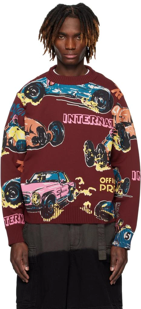 Sacai Burgundy Car Race Print Knit Pullover Sweater 1
