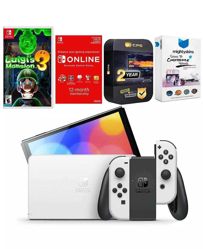 Nintendo Switch White OLED Console with Luigi s Mansion 3, NSO 12 Month Family Membership, MightySkins Console and Controller Skin Voucher, and 2 Ye