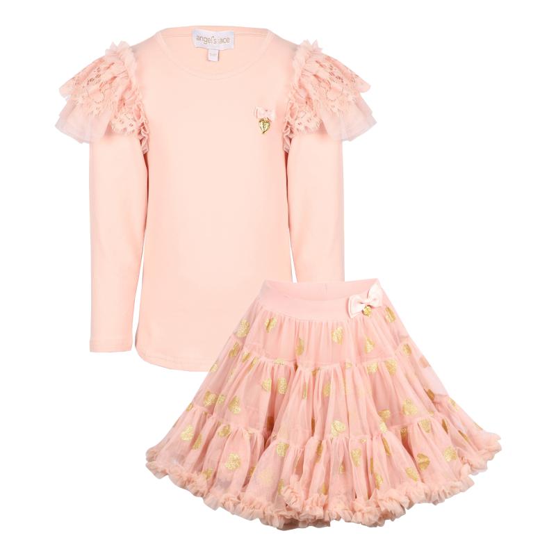 Angel's Face Special occasion ruffled lace and tulle shoulder long sleeve t shirt and glittery hearts tutu skirt set in pink