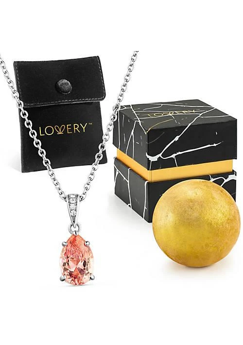 Lovery Sterling Silver Necklace with Peach Tear Drop Pendant, Pouch, Bath Bomb 
Gift Box