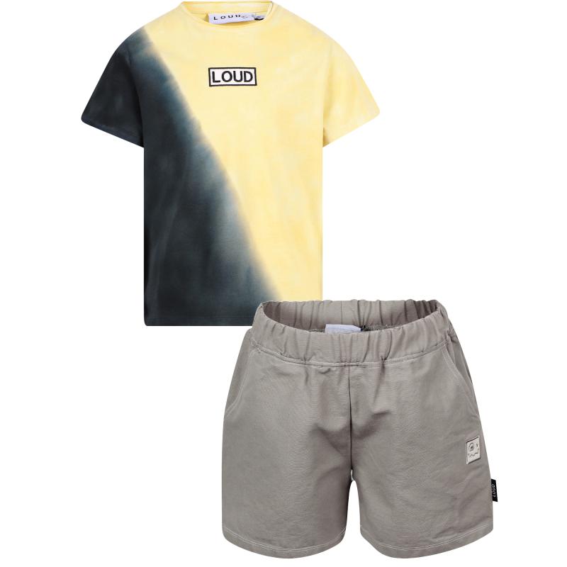 Loud Apparel Loose fit ombre logo t shirt and logo cotton shorts in black pastel yellow and grey