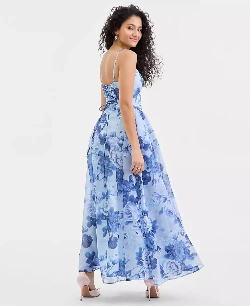 Emerald Sundae Juniors' Shimmer Organza Floral-Print A-Line Gown - BLUE MULTI - Size S Emerald Sundae Juniors' Shimmer Organza Floral-Print A-Line Gown - BLUE MULTI - Size S